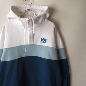 ○美品 HELLY HANSEN ヘリーハンセン◆スウェット パーカー ロゴ刺繍 ボーダー ハーフジップ◆メンズ ホワイト/ブルー Mサイズ