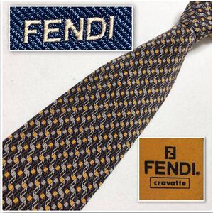 ■表側美品■FENDI フェンディ　ネクタイ　FF総柄　シルク100% イタリア製　ブラウン×グレー×イエロー　ビジネス