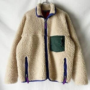 《美品》90年製 USA製 patagonia パタゴニア レトロ パイル カーディガン 緑ポケット ナチュラル L ヴィンテージ フリース アメリカ製 90s