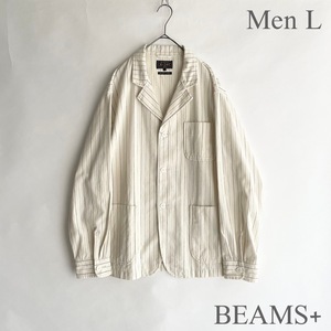 【未使用 タグ付き】20SS BEAMS PLUS ビームスプラス 4ボタン シャツカフ コットン ジャケット ヘリンボーン ストライプ 白系 size L sk