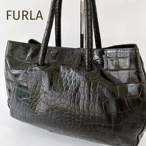 ☆FURLA☆フルラ 型押しレザー トートバッグ ブラック黒 デイリー 通勤 通学