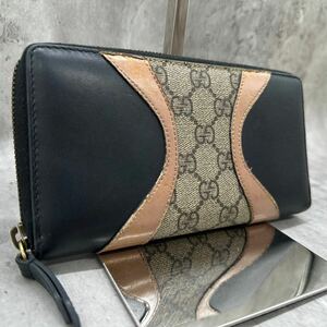 美品/超希少● GUCCI グッチ メンズ ビジネス 長財布 ラウンドファスナー GGスプリーム レザー 本革 PVC ブラック 黒 ゴールド 金色