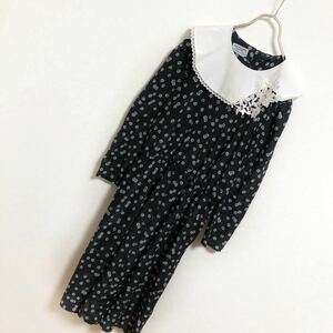 【80s】ヴィンテージワンピース レディース M レース 襟 ブラック 古着 総柄 花柄 ミモレ丈 ロングワンピース vintage 黒 長袖