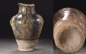 ∇花∇14～15世紀古代ペルシャ陶器 サヴェー出土 白釉彩画割模様文壷 神秘の銀化