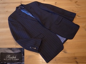 美品 RALPH LAUREN ラルフローレン ２釦 オールシーズン 紺 ストライプ テーラード ジャケット ブレザー アメリカ古着 サイズ 38R S 相当