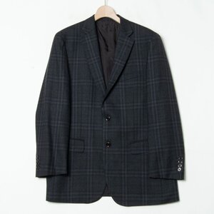 【1円スタート】BURBERRY LONDON バーバリー チェック柄テーラードジャケット 肩パッド 2ボタン ウール100％ 濃灰色 100-90-180 日本製