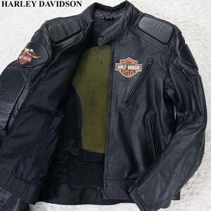 希少 L HARLEY DAVIDSON ハーレーダビッドソン シングルライダース レザージャケット バイクウェア プロテクター付き パンチング ブラック