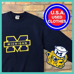 ME13-181★USA古着★存在感◎【ミシガン大学】Michigan Wolverines ワッペン チームロゴ カレッジ スウェット【メンズ L】紺 アメカジ