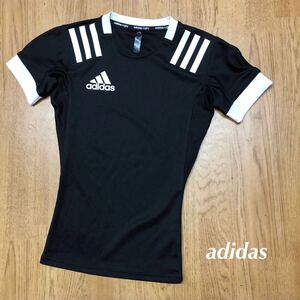 adidas /アディダス /メンズS 半袖Tシャツ トップス ロゴプリント 三本ライン ブラック 速乾 ラグビー トレーニング スポーツウェア