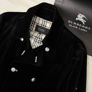 美品 激レア BURBERRY BLACK LABEL バーバリーブラックレーベル ベロアPコート 裏地ノバチェック 銀ボタン ホースマーク 黒 L #2955