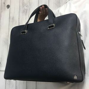 極美品/カドガン●ダンヒル dunhill ブリーフケース ビジネスバッグ ハンドバッグ メンズ ビジネス 大容量 A4 書類 レザー 本革 ネイビー