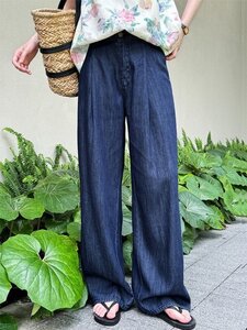 ワイドパンツ カジュアルパンツ スラックス 薄手 ハイウエスト お出かけ レディース XL ブルー