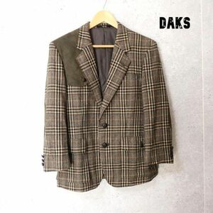 美品 DAKS ダックス サイズ88AL3 グレンチェック柄 エルボーパッチ 2B シングル テーラードジャケット ブラウン系