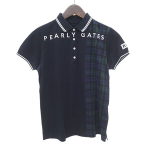 【特別価格】PEARLY GATES ゴルフ 強撚ベア チェック切替 鹿の子 半袖 ストレッチ ポロ シャツ ネイビー×ダークグリーン レディース1