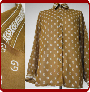 古着♪レトロ・Vintage茶モダン柄ブラウス♪モッズ柄シャツ70s60s70年代60年代ヴィンテージ昭和レトロ長袖秋冬ヨーロッパ即決まとめ