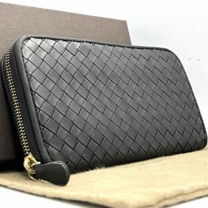 1円【美品・定価約7.8万】 BOTTEGA VENETA ボッテガヴェネタ イントレチャート ラウンドファスナー ブラック 黒 財布 長財布 レザ　メンズ