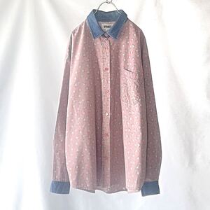 vintage ピンク花柄　デニム襟付き　長袖シャツ コットンシャツ 古着　ヴィンテージ　90s