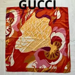 【良品】【グッチ】GUCCI シルク スカーフ レッド オレンジ系