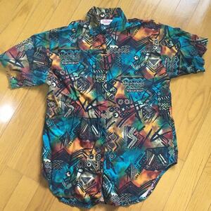 USA製　珍品古着　総柄シャツ　ネイティブ　レーヨン　アロハ