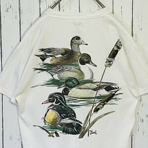 00s AL AGNEW アニマルプリント カルガモ 野鳥 ポケット付き 両面プリント ヘビーウェイト 半袖 Tシャツ M ホワイト メキシコ製 20202859