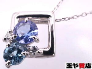 カラーストーン2P ダイヤ0.02ct スクエア ペンダント 美品 ネックレス pt900 pt850 ネックレス プラチナ