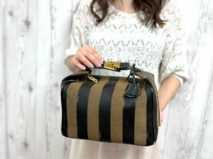 極美品 FENDI フェンディ ペカン ハンドバッグ バッグ ナイロンキャンバス×レザー 茶×黒 75822