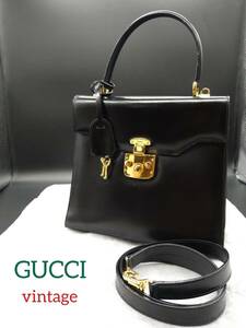 【ヴィンテージ・希少】GUCCI グッチ オールドグッチ 2WAY レザー トップハンドル ブラック ハンドバッグ ショルダーバッグ