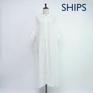 美品 SHIPS any シップス エニィ リネン100% スタンドカラーシャツワンピース ロング丈 裏地無し レディース 白 ホワイト サイズL*QC954