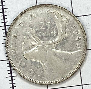 外国銀貨 カナダ 25セント 1943年（直径23.5mm、重さ5.9g）