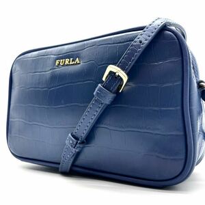 希少カラー/入手困難◎ フルラ FURLA ショルダーバッグ 斜め掛け クロコダイル型押し ロゴ金具 レザー 本革 ブルー 青 メンズ