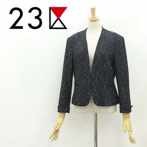 ◆23区 ストレッチ ツイード ノーカラー ジャケット ダークネイビー×ホワイト 38