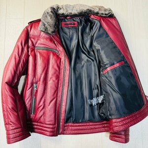 ほぼ未使用/2XL-3XL相当★リューグーレザー/Liugoo Leathers 羊革 ラムレザー ダウン ジャケット ブルゾン アウター 中綿羽毛 メンズ 赤系