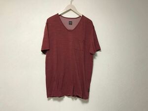 本物ヒューゴボスHUGOBOSSコットンスラブVネック半袖TシャツメンズサーフアメカジミリタリーストリートドレスXLエンジ赤ワインレッド