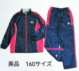 美品「adidas セットアップジャージ上下 160 ネイビー＆ピンク 裏地つき」ウインドブレーカーパンツ ウインドジャケット レディースＳ‐M