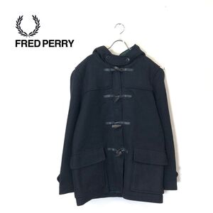 1I2384-T◆FRED PERRY フレッドペリー ウールジャケット フード トグルボタン 裏地チェック◆sizeXL ブラック レディース トップス