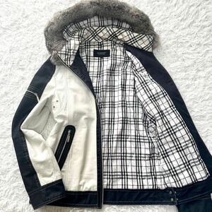 BURBERRY BLACK LABEL バーバリーブラックレーベル レザージャケット 羊革 ブルゾン ノバチェック 2way 裏地キルティング ファー 白 黒 M