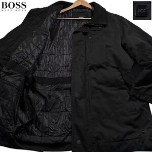 極美品/XLサイズ●ヒューゴボス ナイロン 中綿 ジャケット コート HUGO BOSS ダブルフェイス 襟元リブ 下部ロゴ金具 黒 ブラック 通勤 50