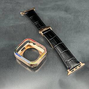 アップルウォッチ メタル ローズクローム czダイヤ ケース 本革 ブラック レザー ベルト 特殊バックル 41mm 45mm 40mm 44mm シリーズ9