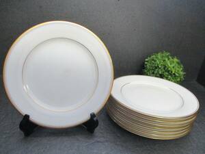 【美品】ノリタケ Noritake リントン LINTON ２１ｃｍ 平皿 プレート 8枚セット ケーキ皿 ディナー皿 中皿 丸皿 金彩 白磁 ブランド食器