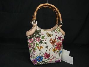 1円 ■美品■ GUCCI グッチ 140203 2123 バンブー キャンバス×レザー 花 フラワー ハンドバッグ ミニトート アイボリー系 FA9892