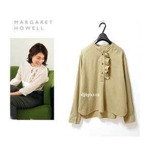 定価28,080円*MARGARET HOWELL*定番フロント フリルシャツ *カラーレス/ブラウス*サイズ3