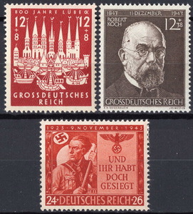★1943-44年ドイツ-「ハンザ同盟都市リューベック」+「コッホ生誕100年」+「ヒトラーのミュンヘン一揆20年」各1種完 未(NH.LH)★TJ-2414