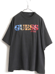 90s 人気 黒 ■ GUESS JEANS ゲス ジーンズ ビッグ ロゴ プリント 半袖 Tシャツ ( 男性 メンズ XL 程) 古着 ロゴT ビッグシルエット 90年代