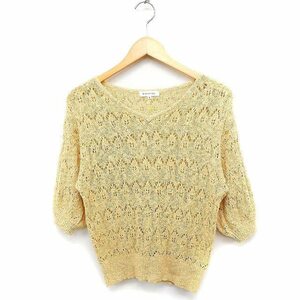 ナチュラルビューティーベーシック NATURAL BEAUTY BASIC クロシェ編み Vネック ニット セーター 五分袖 綿混 M ベージュ /FT15 レディース