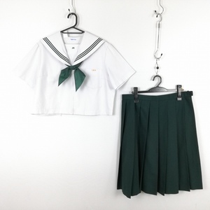 1円 セーラー服 スカート スカーフ 上下3点セット 大きいサイズ 特大 夏物 緑3本線 女子 学生服 大分三重中学 白 制服 中古 ランクC EY9012