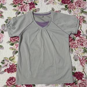 ★【USED】ユニクロ UNIQLO ドライＴシャツ ストレッチ スウェット グレーｘ紫 140