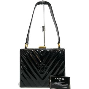 良品◆レア!!Vintage CHANEL Vステッチ シェブロン パテント レザー がま口 ボックス ワンショルダーバッグ セミショルダー ブラック