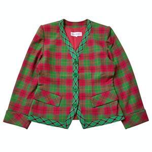  Yves saint Laurent イヴサンローラン ノーカラージャケット チェック ウール カシミヤ アウター グリーン レディース 総柄 M