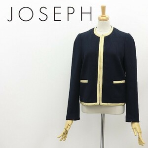 美品◆JOSEPH ジョゼフ パイピング コットン ストレッチ ノーカラー ジャケット ネイビー 紺 36