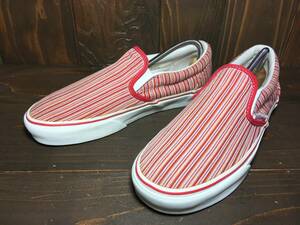 ★VANS バンズ 国内企画 slip on スリッポン 赤 織物 ストライプ 25.5cm Used 検 SK8 ハーフキャブ オールドスクール サンダル スニーカー